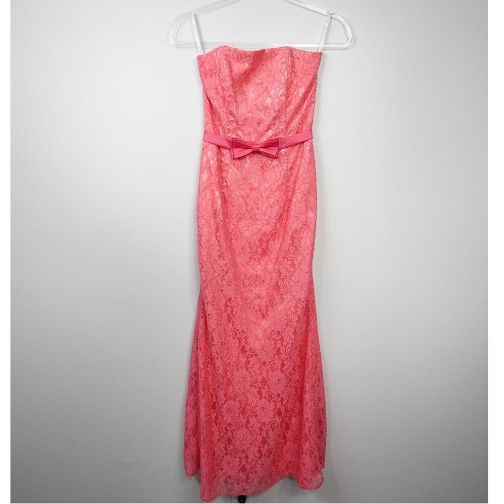 Vintage Jessica McClintock Coral Lace Bow Strapless Gown Hoco Formal Black Tie